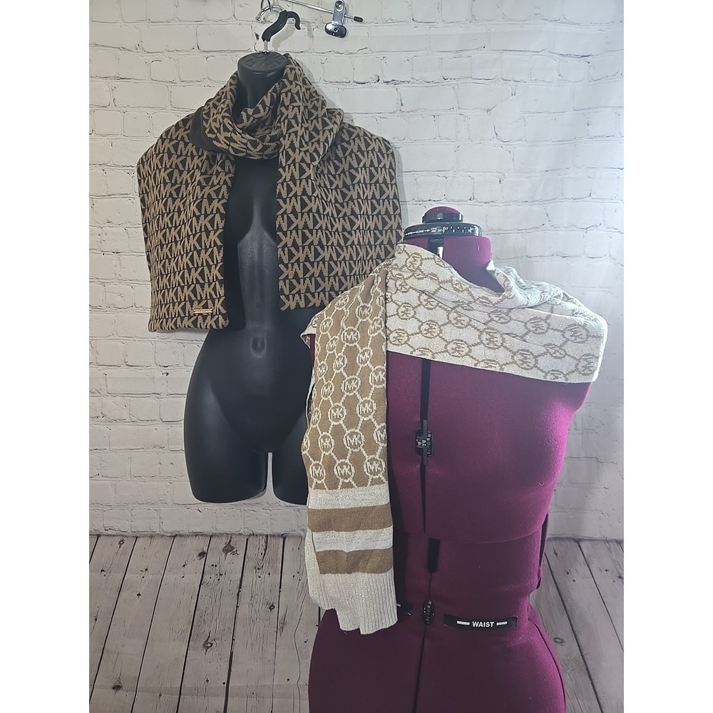 Michael Kors Knit Scarf Lot Of 2 Logo Print Tan Brown And Gold